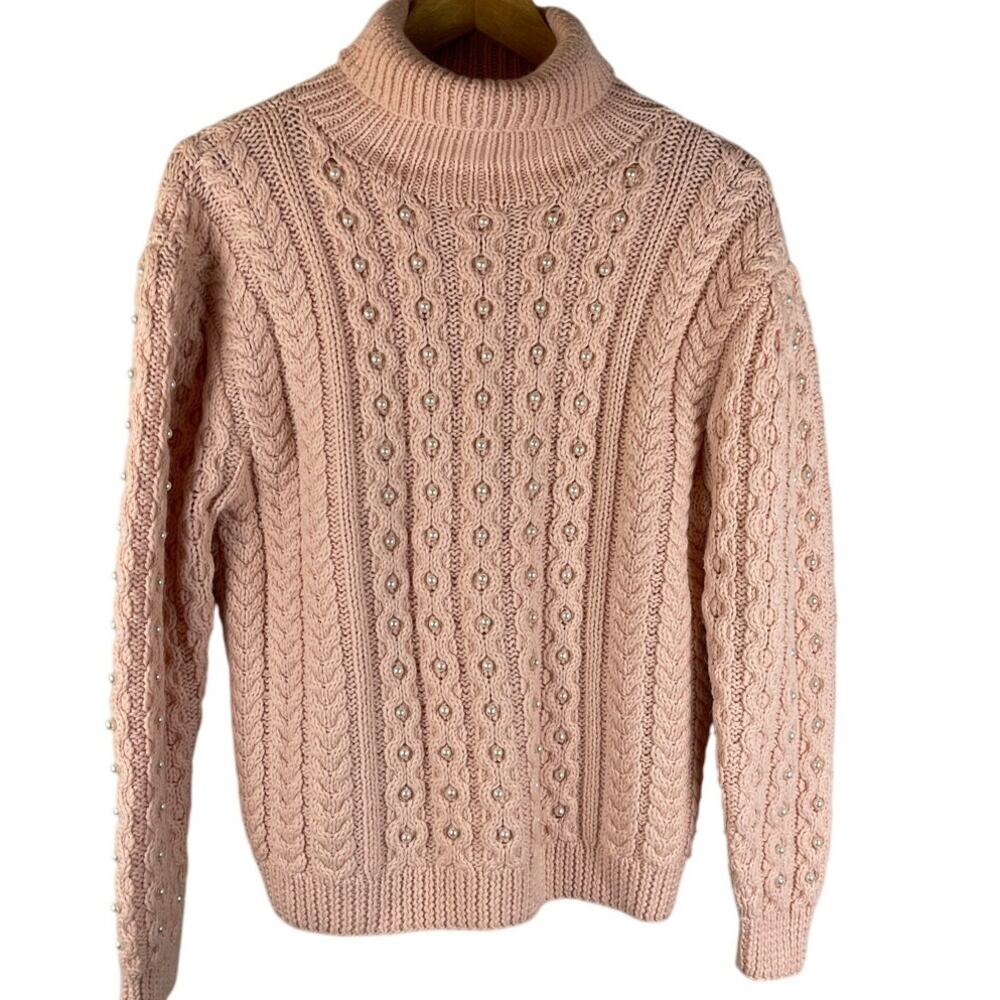 Vintage 80’s STUDIO Pink Cable Knit Pearl Embellished Wool‎ Sweater Size Medium